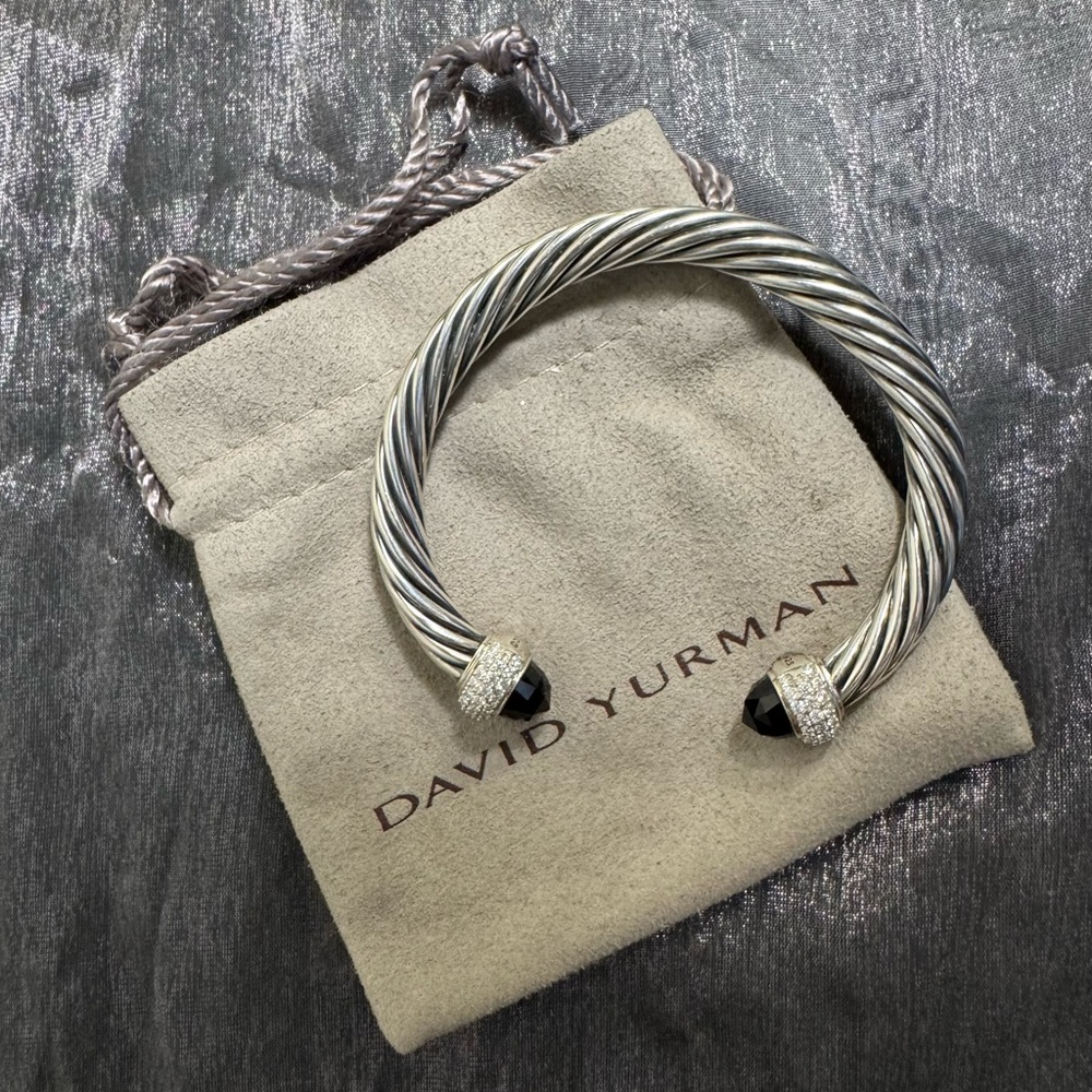 David Yurman .925 Silver Onyx & Diamond Classic Cable Bracelet / Small